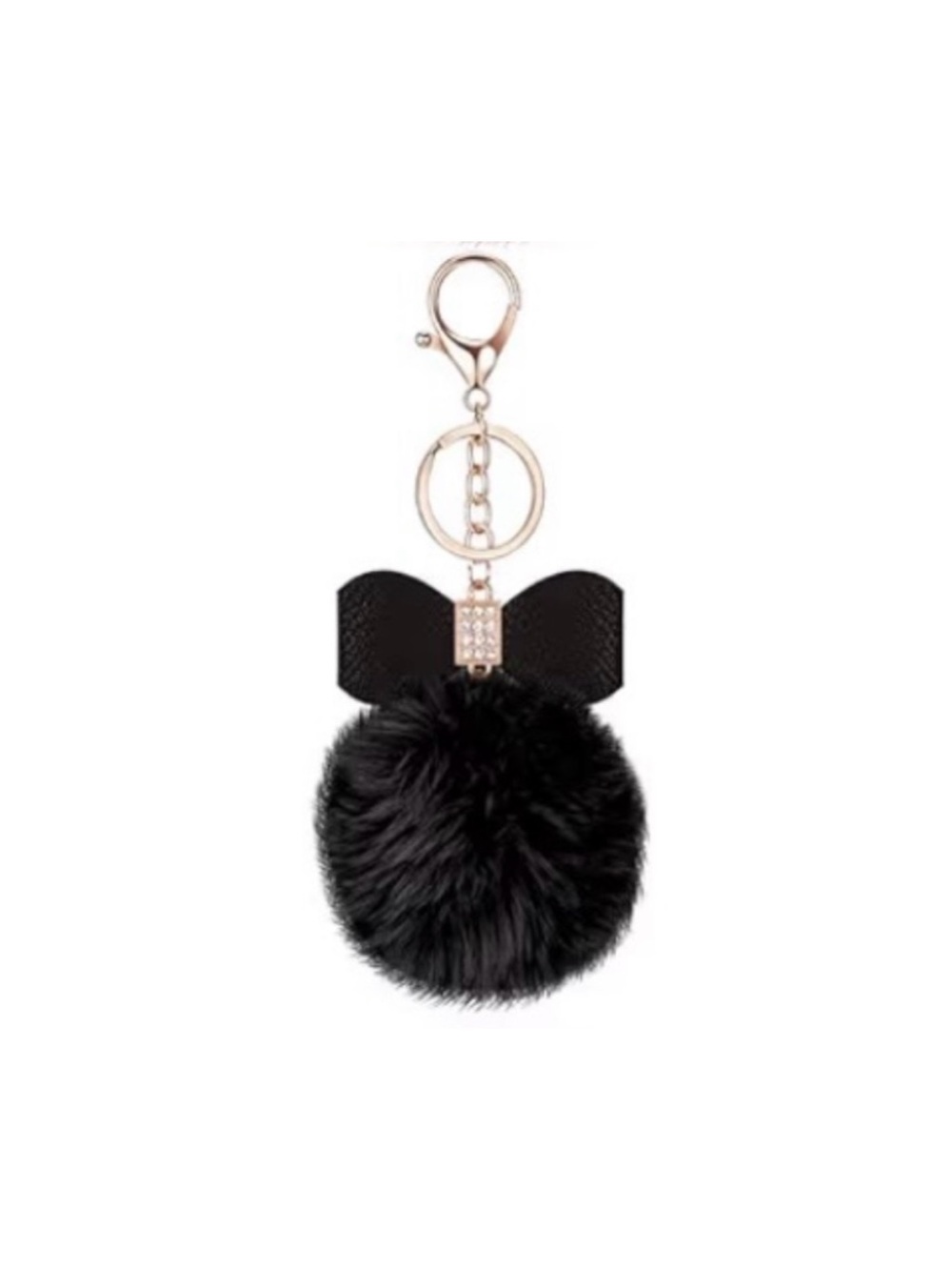 Black Fur Pom Pom Keychain with Bow Accent